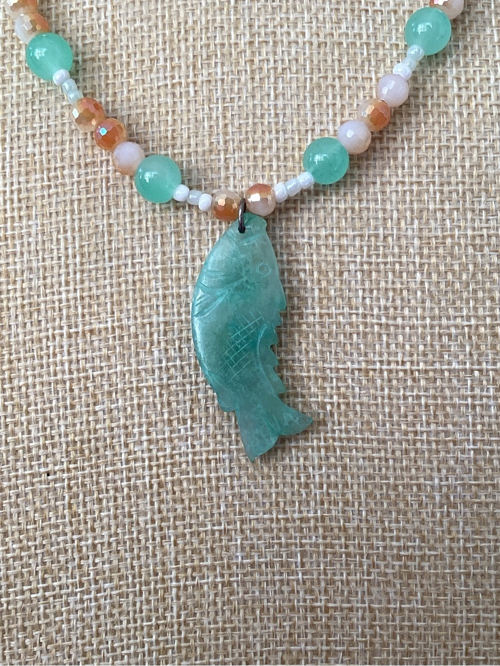 Artisan Made Glass Beaded Necklace and Earring Set with Carved Fish Pendant - Picture 2 of 5